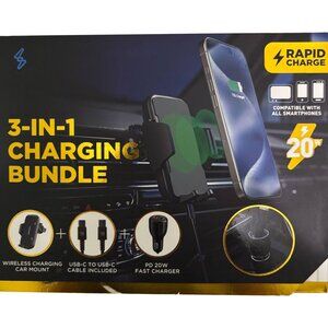 TechMod 3-Piece Car Bundle Wireless Charging Car Mount USB-PD Car Charger USB-C